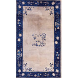 Antique Hand Knotted Pile 1900s Wool Ivory Beige Cream White Floral Medallion Rectangle Rug