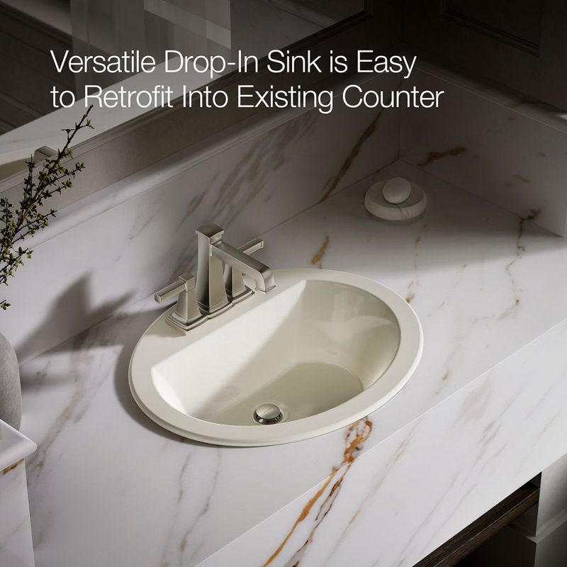 Bryant Ceramic Oval Drop-In Bathroom Sink with Overflow, Biscuit, 4'' Centers