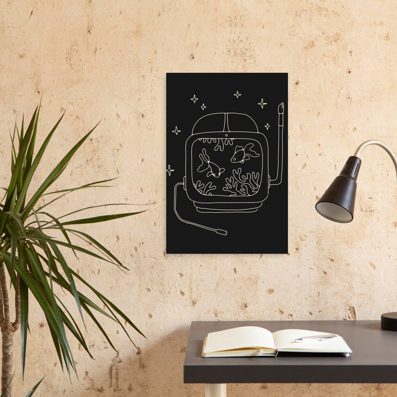 Affiche murale abstraite contemporaine représentant un casque de poisson fantaisiste dans un paysage de poissons, avec des poissons et une nature.