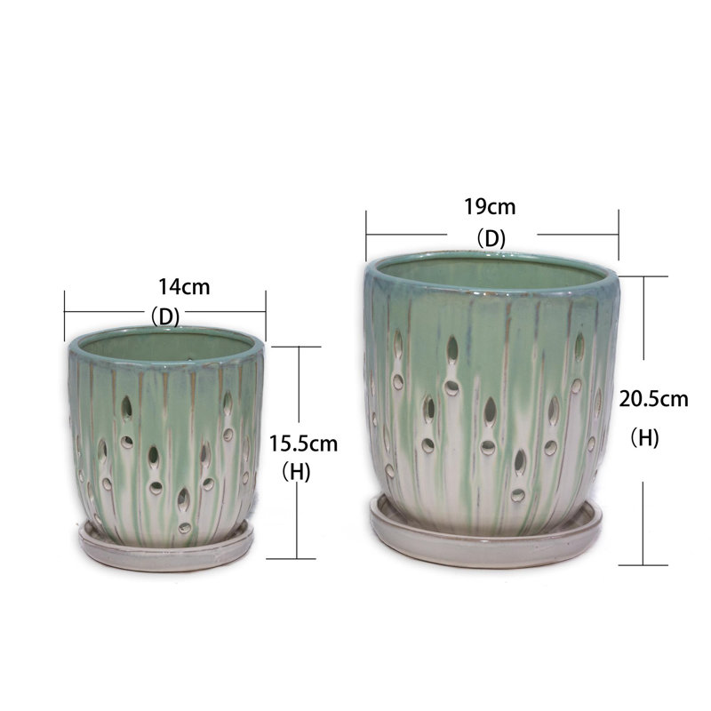 Ensemble de pots de fleurs en céramique avec trous de drainage (2 pièces), pots de fleurs modernes de 8 pouces pour les patios, les jardins et les rebords de fenêtre - agencement de couleurs blanc et vert