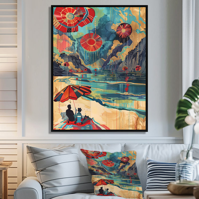 Collage de parasol japonais sur une plage japonaise - reproduction d'art mural plage, Toile avec cadre flottant noir