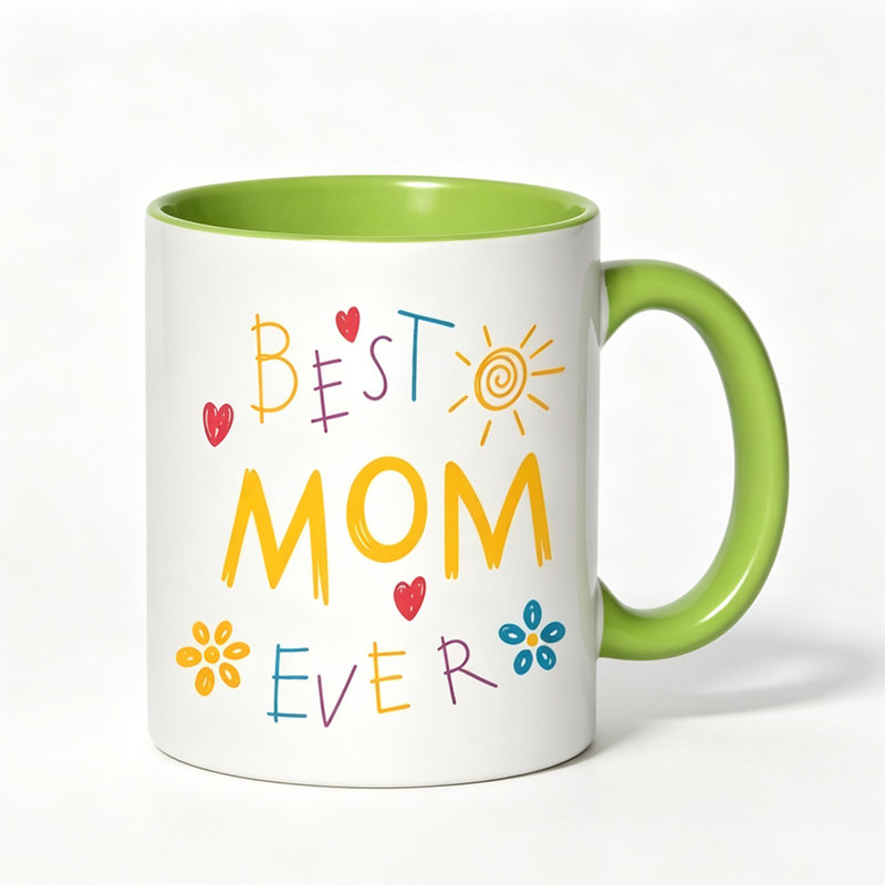 1pc Best Mom Ever Colorful Playful Design with Hearts Flowers & Sun Logo Ceramic Coffee Mug Coffee Cup Tea Mug.