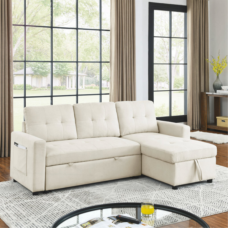 Canapé-lit modulaire réversible de 78,5 po avec méridienne et sac de rangement latéral pour petit espace, Tissu beige