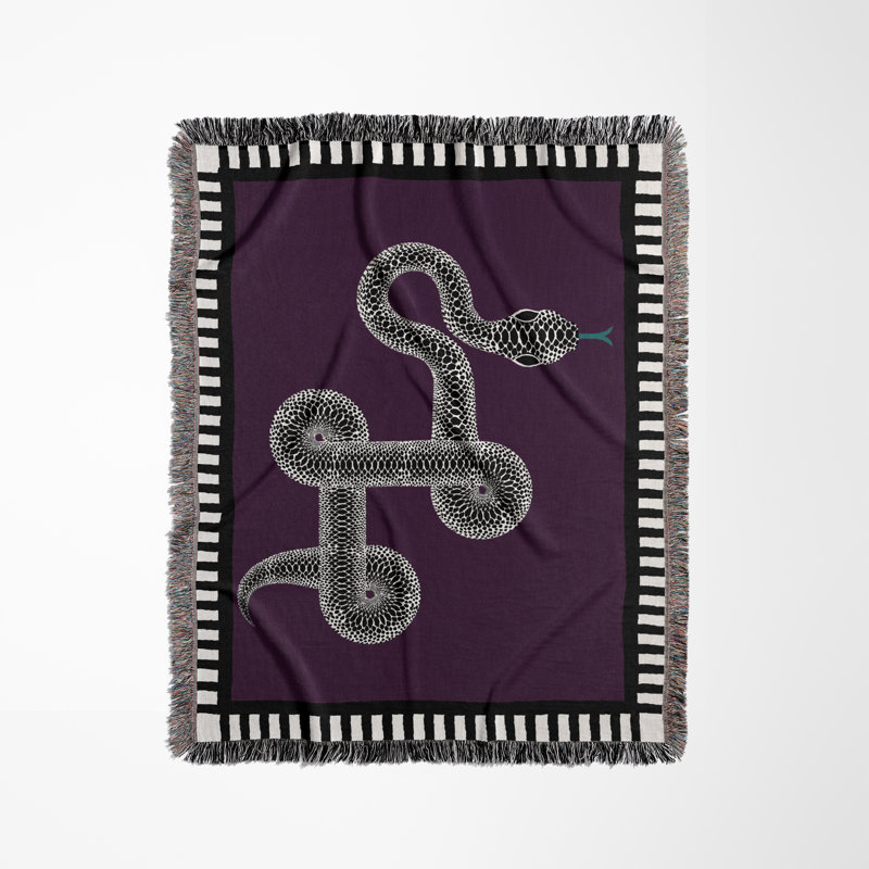 Jeté en mélange de coton Vanjo Snake, L 60 po x l 60 po, Mauve / noir / blanc cassé