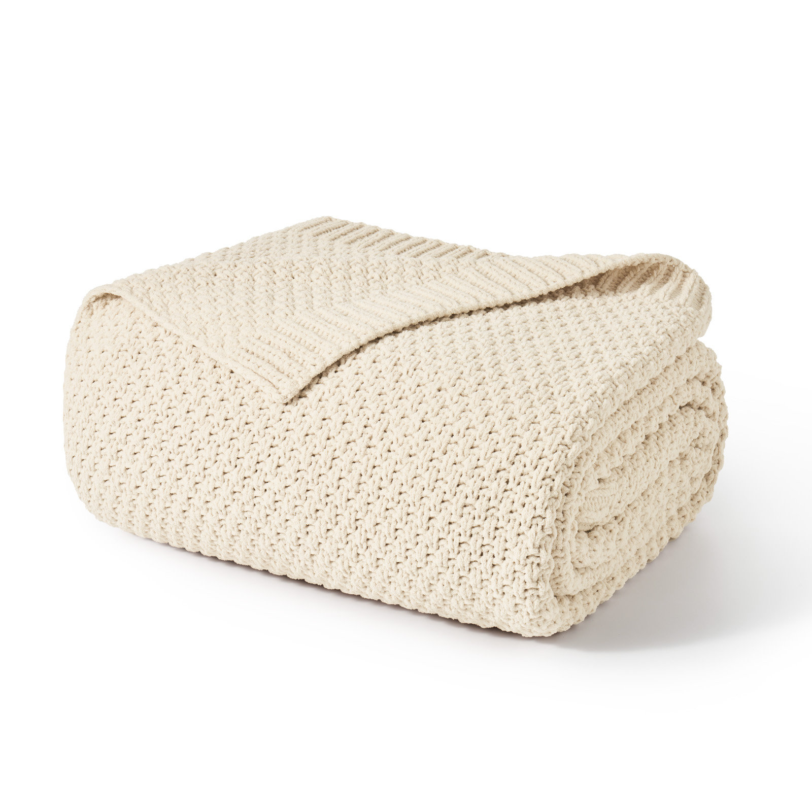 Chunky Chenille Knit Throw Blanket, Beige, 108" L x 92" W