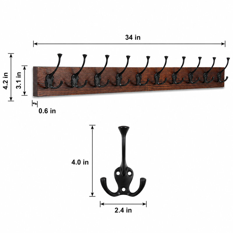 Rustic Wood Wall Mounted Coat Rack with Hooks