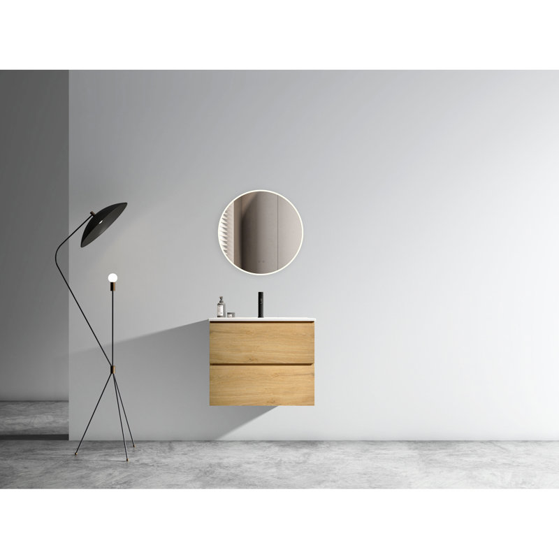 Unité de rangement de salle de bain en chêne naturel 24 po - Lavabo en céramique, spacieux, armoire de rangement murale à tiroir silencieux, rangement spacieux, fonctionnalité