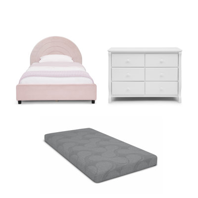Delta Children 3-Piece Twin Bedroom Furniture Set – Includes Upholstered Twin Bed, 6 Drawer Dresser And Twin Mattress,  Pink/Velvet Quilted