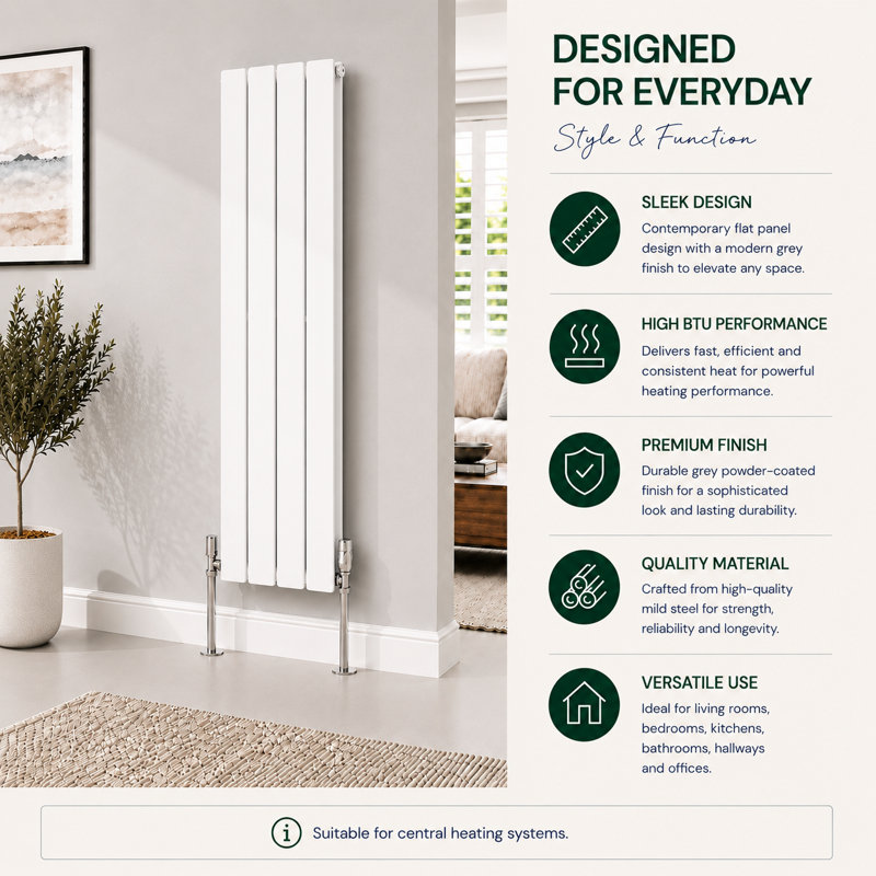 Peter Vertical Flat Double Panel Radiator, White, 1800mm H x 340mm W