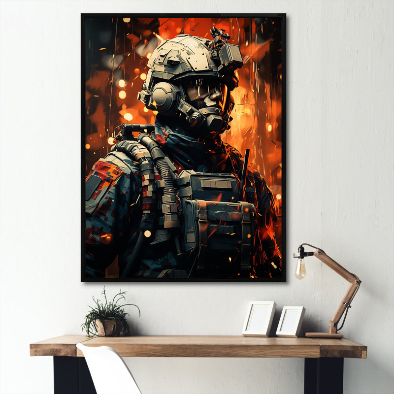 Soldat militaire, lignes de front abstraites sur toile, Cadre flottant noir, H 44 po x l 34 po x P 1,5 po