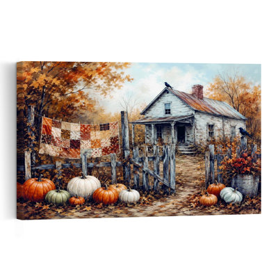 Old Farmhouse In Autumn II Vintage Abstract Bird Landscape Architecture Wall Art Print 1 Piece Wrapped Canvas Wall Art