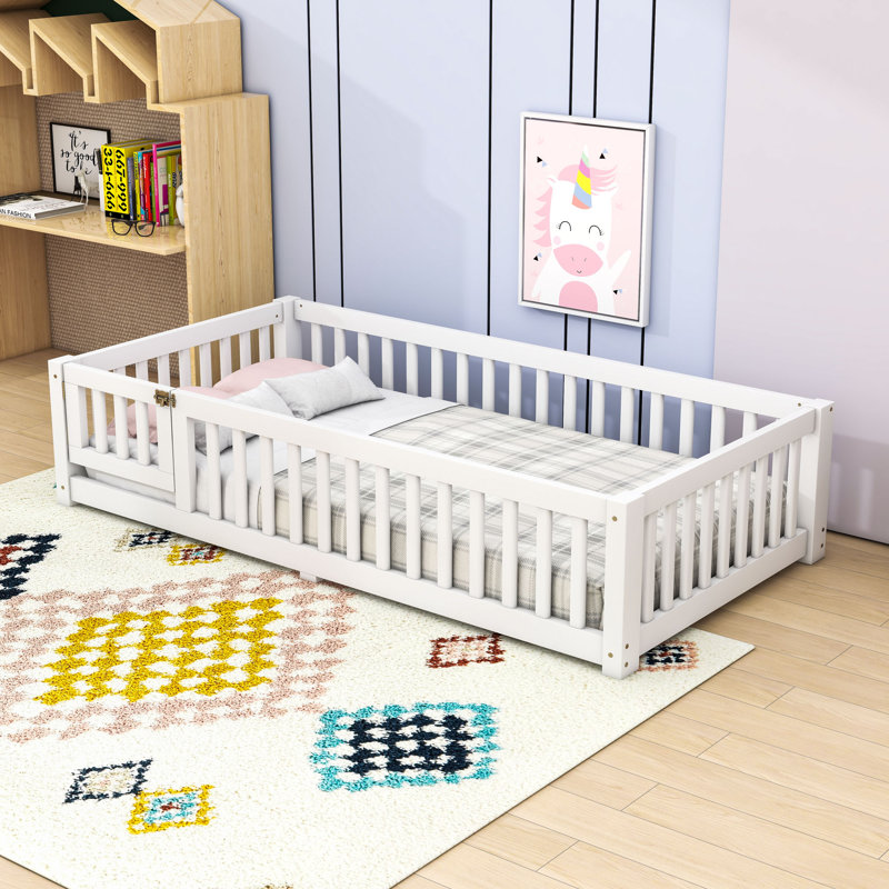 Floor Bed With Safety Guardrails And Door, Twin, White