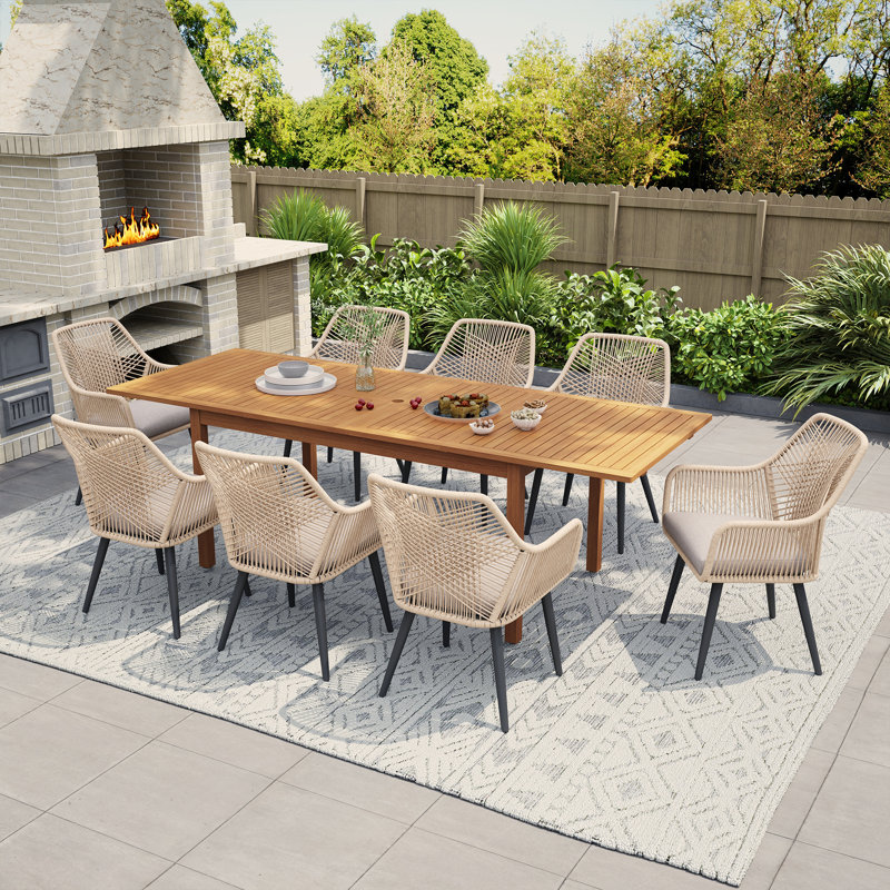 8- Person Rectangular Outdoor Dining Set With Umbrella Hole, Beige
