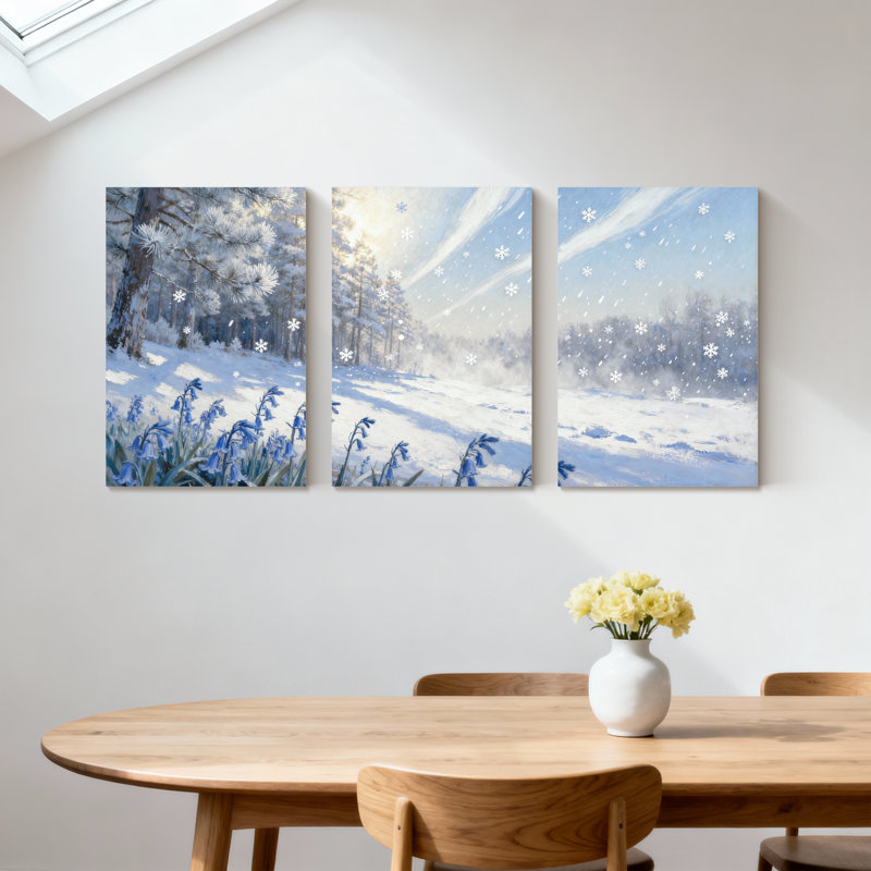 Forêt d'hiver, forêt d'hiver, flocon de neige, fleurs bleues, ensemble de 3 impressions sur toile, H 30 po x l 60 po