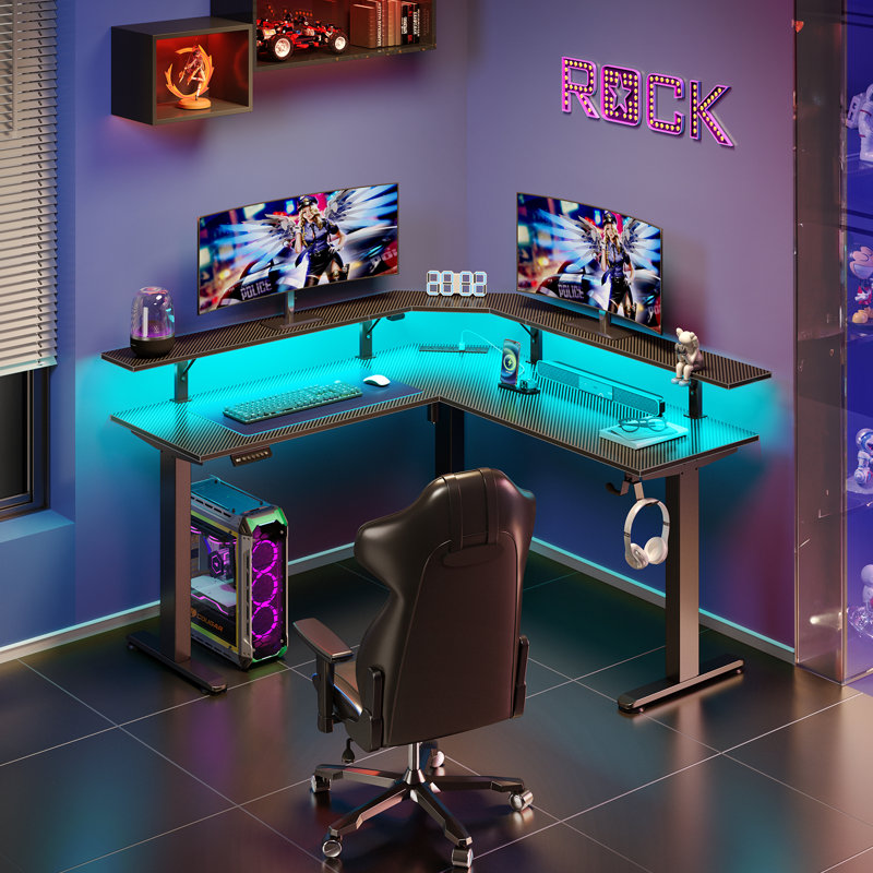 Standing Desk L Shaped with LED Light and Power Outlet, Electric Height Adjustable Computer Office Desk Sit Stand Up with Monitor Stand