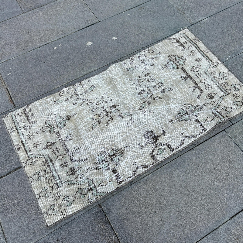 Vintage Turkish Anatolian Rug: Small Decorative Beige Door Mat Ideal for Entryway Decor