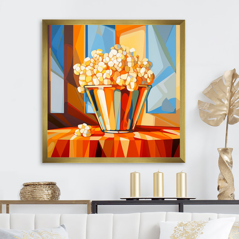 Pop corn éclatant orange éclatant, Cadre doré simple, H 16 po x l 16 po x P 1 po