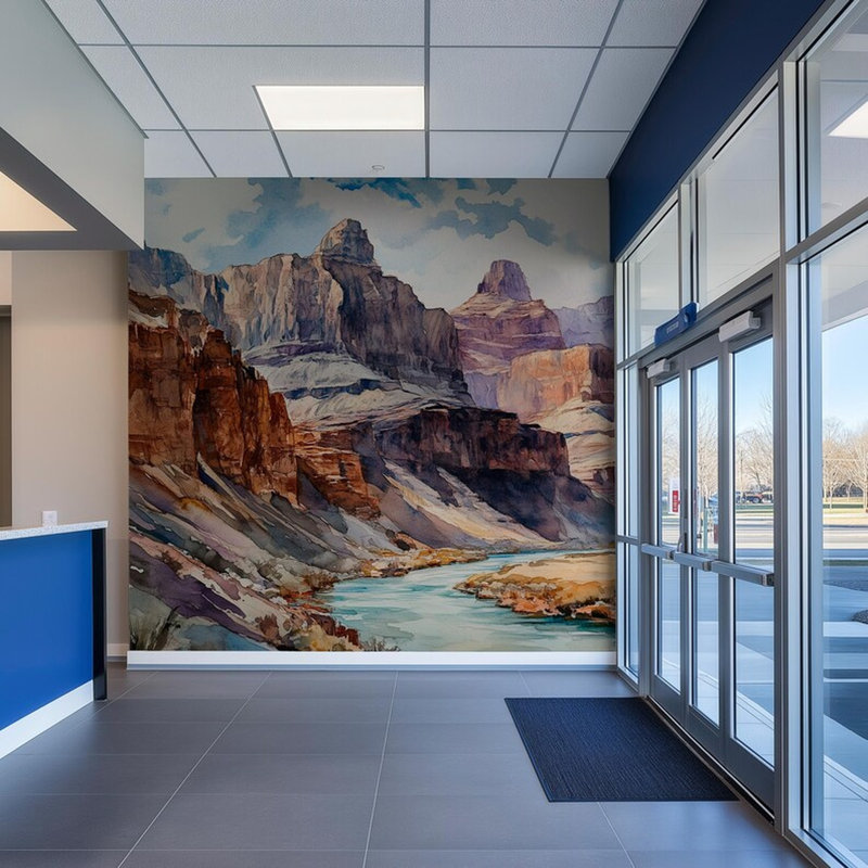 Murale aquarelle, paysage de rivière Canyon, 96" Lx 108" W