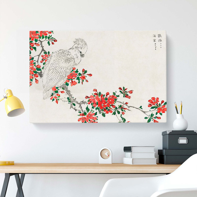 Parrot Upon A Blooming Tree Branch by Numata Kashu - Wrapped Canvas Painting, 35cm H x 50cm W x 3cm D