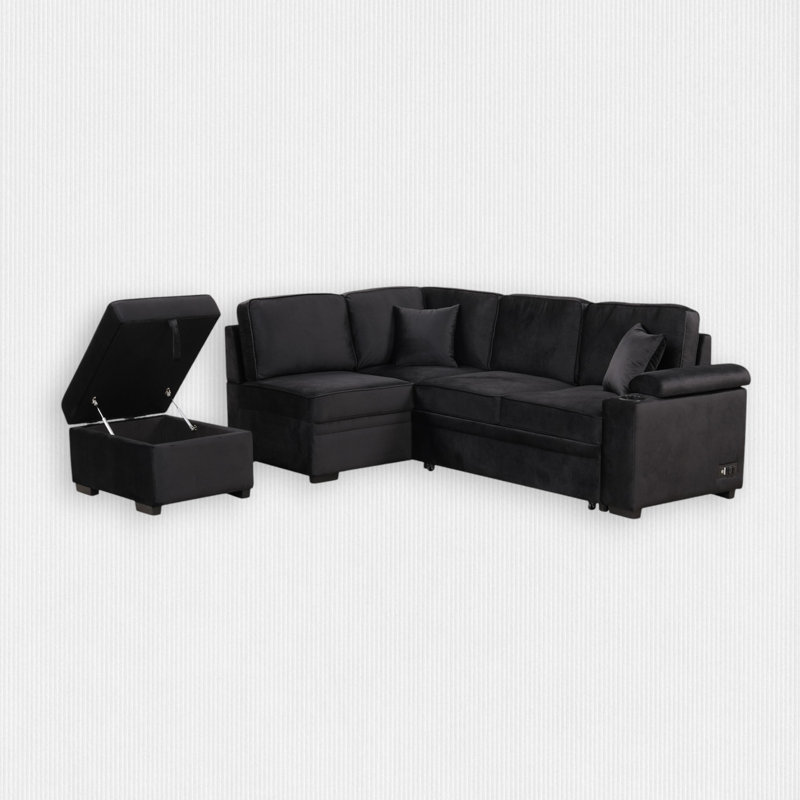 Cassan Upholstered L-Shaped Sectional Left Hand Facing, Black Velvet