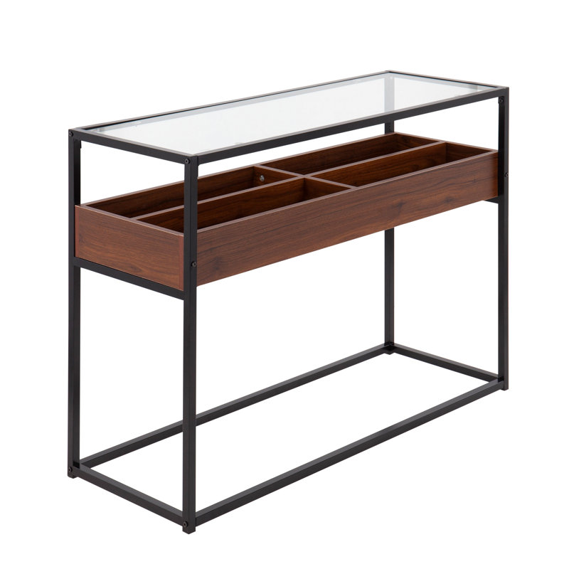 Console contemporaine avec plateau en verre trempé, compartiments en bois de noyer et structure en métal noir