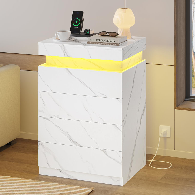 Nightstand With 4 Drawers And Led Lights,sliding Top,tall Bedside Table With Charging Station,modern End Side Table For Bedroom
