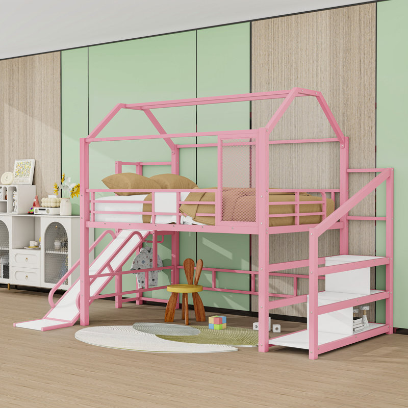 House Loft Bed With Slide And Stairs, Full, Pink