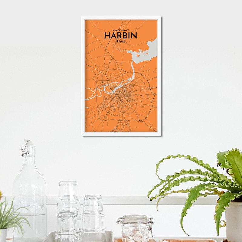 «Harbin City Map», impression, H 17 po x l 11 po, Orange / gris