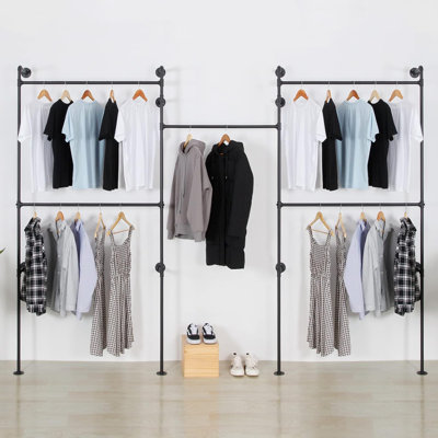 Industrial Pipe Clothes Rack Heavy Duty Detachable Wall Mounted Black Iron Garment Bar Clothing Store Display Stand Closet Storage System 125.5 x 93.7 Inch