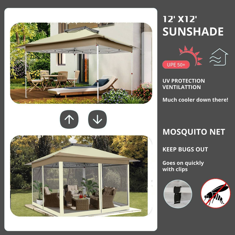 12x12 Outdoor Pop Up Canopy with Mosquito Netting Patio Tent Backyard Canopy with 2-Tiered Vented Top 3 Adjustable Height