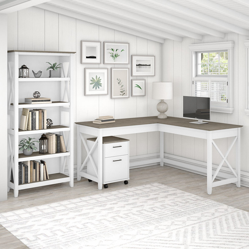 Huckins 3 Piece Credenza Desk Office Set, Shiplap Gray/Pure White