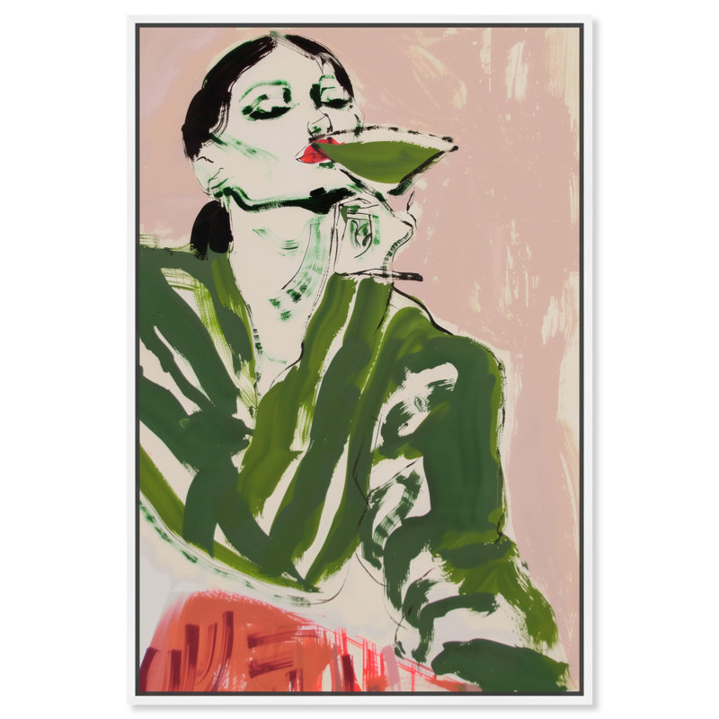 Green Martini Girl Canvas Boho Colorful Wall Art by Art Remedy, White Framed, 37" H x 25" W