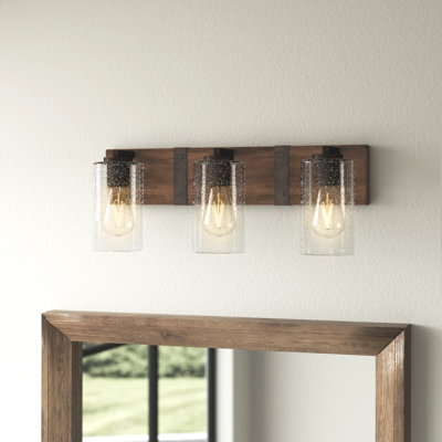 Luminaire de salle de bain en bois à 3 lumières Sawyer avec abat-jour cylindrique transparent