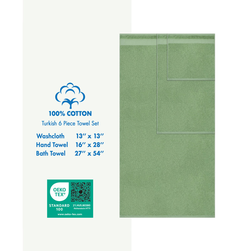 Ensemble de serviettes de bain luxueuses 100% coton turque 6 pièces, très doux et absorbant, Vert sauge
