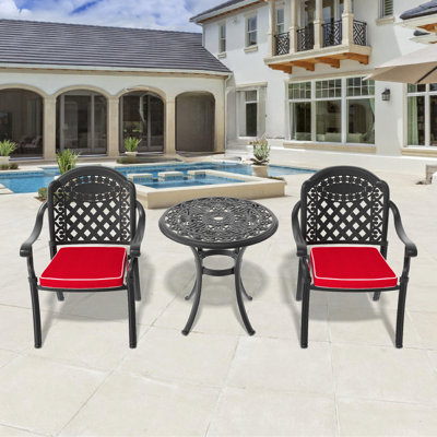 Ensemble de 3 meubles de patio en aluminium coulé avec cadre noir et coussins de siège rouges