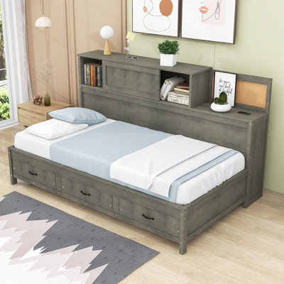 Nikoal Wood Daybed with 3 Drawers and Shelves,USB Ports by Wildon Home