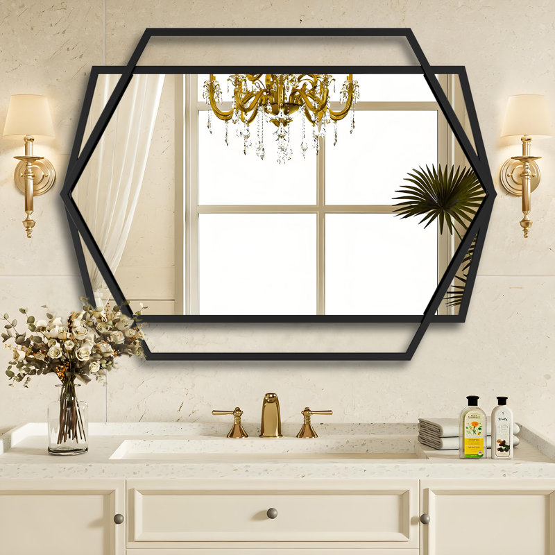 Wall Decorative Mirror, Modern Wall Mirror For Bathroom, Wall Vanity Mirror With Irregular And Rectangular Metal Black Frame