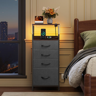 Travison 4 Drawer 37" Tall Nightstand with Charging Station and LED Lights, Modern Black Nightstand with Built-in USB & AC Outlets For Bedroom, Bedside Table With Open Storage Shelves