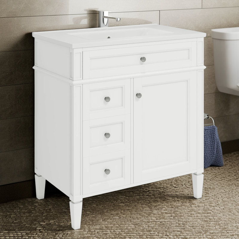 Meuble-lavabo moderne de 30 po avec lavabo simple, lavabo à fixation supérieure et armoire de rangement avec 2 tiroirs et 1 tiroir coulissant.