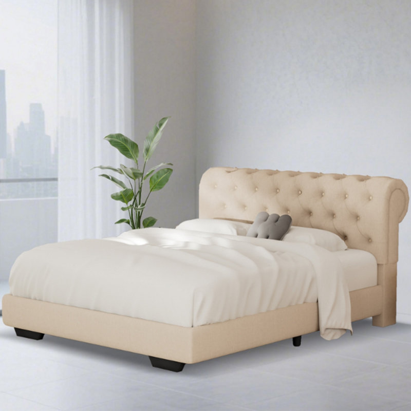Linen Fabric Upholstered Bed Frame with Adjustable Headboard/Chesterfield-Styled/Wood Slat Support, Beige, Full