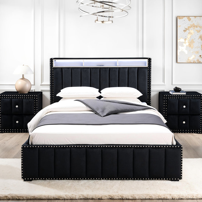 Transitional Bedroom Furniture - Black Bedside Cabinet With Solid Wood Frame And Crystal Like Accentuation Contemporary Table Colour, , Simple Installation