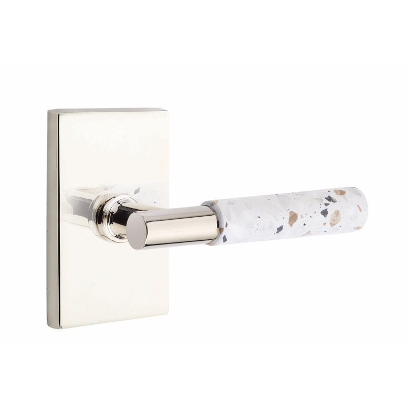 Select Round Privacy (Bed & Bath) Door Lever with Rectangle Rosette, Polished Nickel/Light Terrazzo, Right