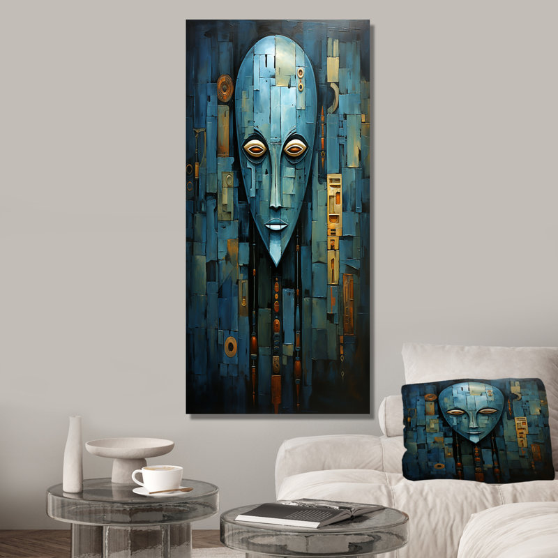 Blue Serenity African Mask - Masque africain, art mural, Toile tendue, H 32 po x l 16 po