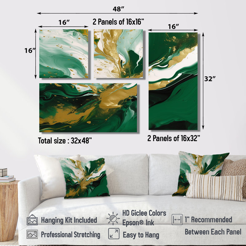 Vert et or liquide Magic II - impressions sur toile modernes 4 pièces, Noir, Impression encadrée sans passe-partout