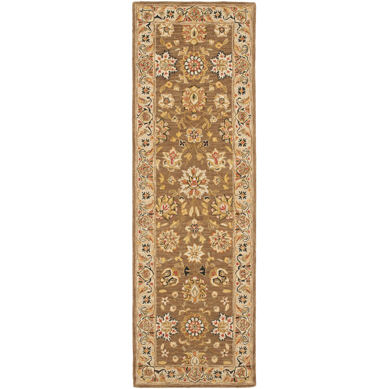 Tapis brun / ivoire en laine crocheté à la main Hollander, Tapis de couloir 2 pi 6 po x 12 pi