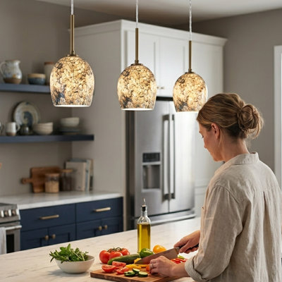 1-Light Blue Art Glass Pendant Light, Handmade Mouth-Blown Glass Shade with Antique Brass Finish, 60" Adjustable Cord, Cloud Pattern Hanging Light