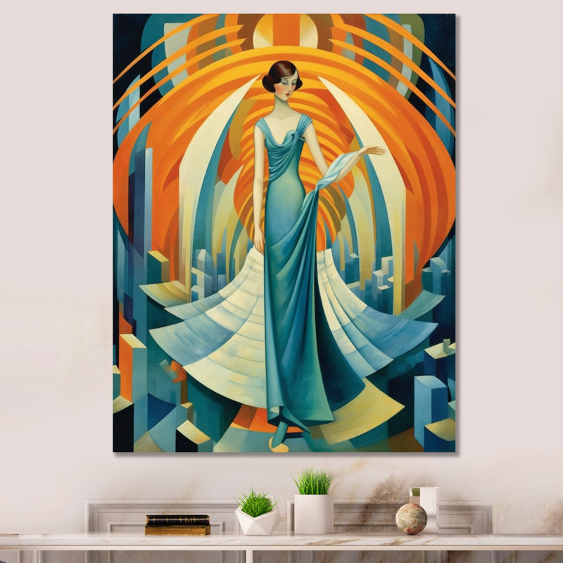 Art Deco Cosmopolitan Gracieuse danseuse en bleu - mode femme, reproduction sur toile encadrée, Toile tendue