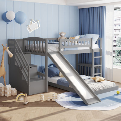 Twin over Twin Stairway Bunk Bed with Slide and 2 Storage Drawers, Wooden Loft Bed, Gray
