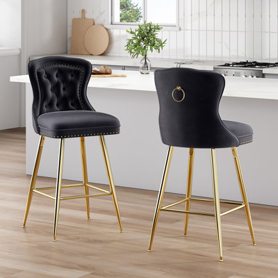 Bar Stools Set Of 2, Velvet Counter Height Bar Stools With Metal Legs, Button Tufted And Nailheads Trim, Wing-Back Bar Chairs For Kitchen Island Dining Room Pub