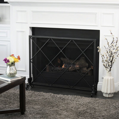 Single Panel Iron Fireplace Screen - Modern Diamond Design, 41.44"w X 8.94"d 32.36"h, Black Finish Panel, Stylish Minimalist Look Diamond, 41.5" 8.9" 32.1",